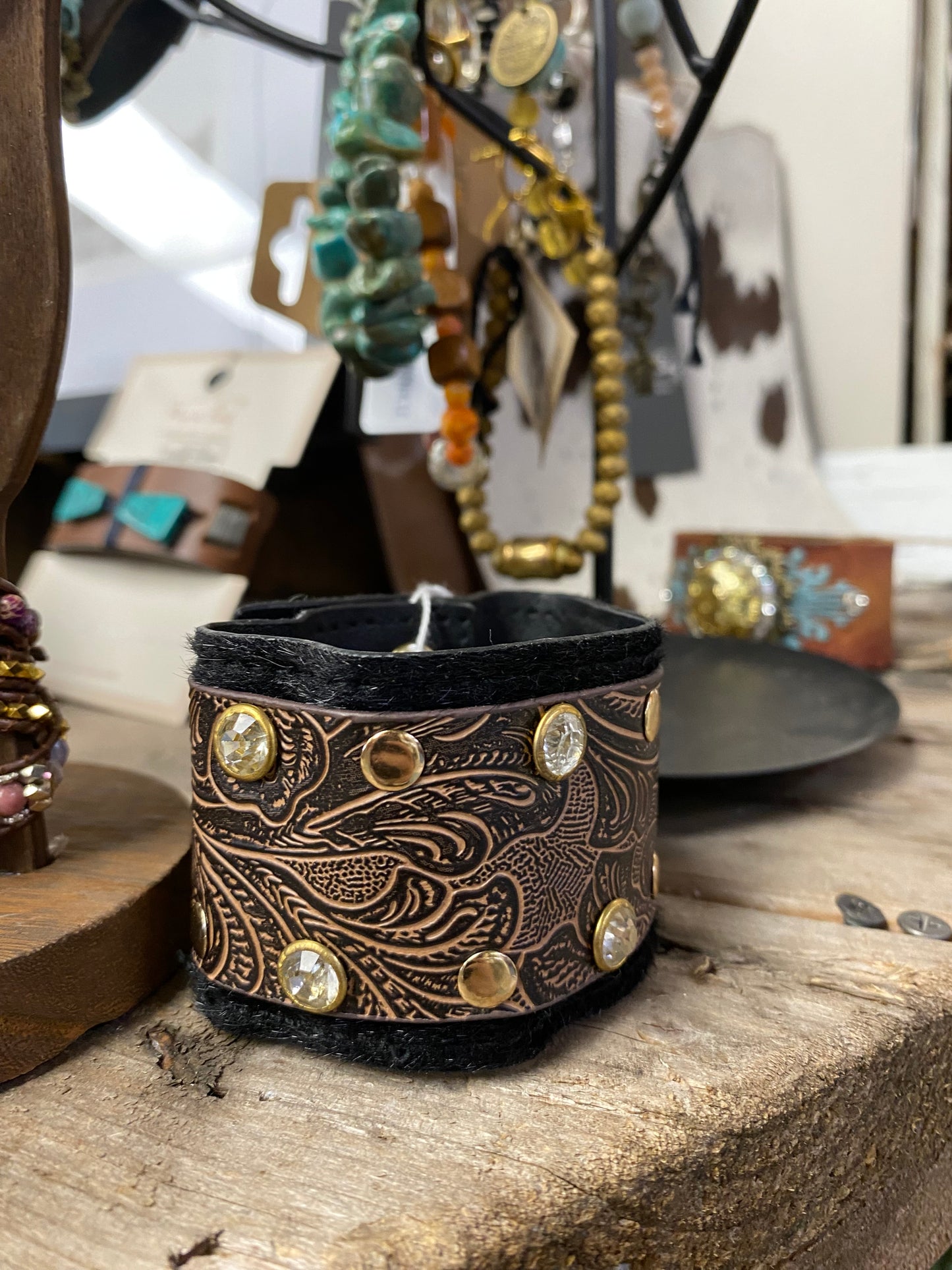 Brown & black leather studded bracelet